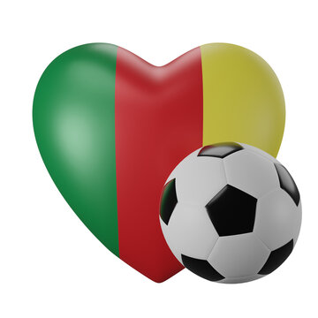 Heart shaped model with Cameroon flag colored and soccer ball. 3D rendering. World cup 2022