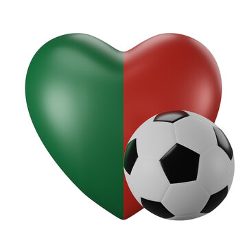 Heart shaped model with Portugal flag colored and soccer ball. 3D rendering. World cup 2022