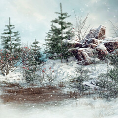 Colorful winter landscape with rocks and fir trees covered with snow. 3D render.