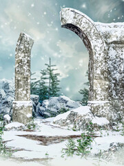 Old gothic ruined gate covered with snow in a winter scenery. 3D render.