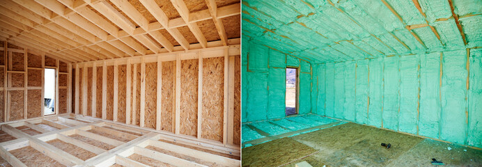 Photo collage before and after thermal insulation room in wooden frame house in Scandinavian style barn house. Comparison of walls sprayed by polyurethane foam. Construction and insulation concept. - obrazy, fototapety, plakaty