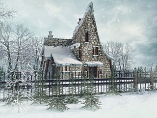 Snowy scene with an old fantasy cottage with an iron fence among trees. 3D render.
