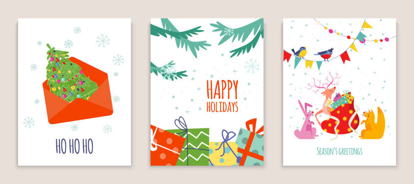 Christmas holiday decoration greeting card set, happy xmas hohoho text poster, concept winter element flat vector illustration.