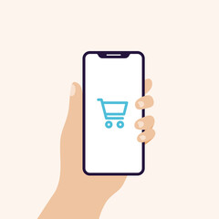 Hand holding smart phone in vertical position banner. Screen with shopping cart. Concept of purchasing process, online shopping. Vector illustration, flat design