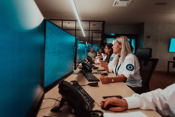 Group of female security operators working in a data system control room Technical Operators Working at workstation with multiple displays, security guards working on multiple monitors in surveillan