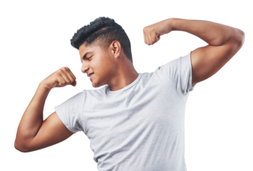 Studio shot of a young man flexing against isolated on a transparent png background