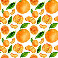 Seamless watercolor pattern with various part of tangerines and green leaves on a white background. For various products