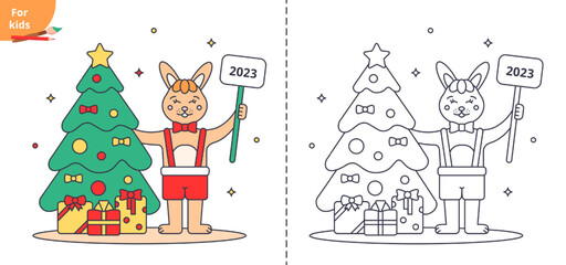Naklejka premium Rabbit 2023 New Year concept. Cute happy rabbit and a Christmas tree. Coloring page for children. Vector illustration.