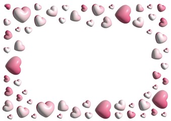 3D pink hearts frame or border. Valentines day celebration. Card, wedding invitation. Romantic design. Love. Empty space for text or picture.