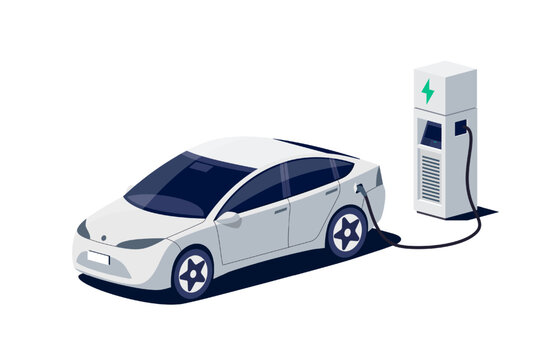 Modern electric sedan car charging parking at fast charger ev station with a plug in cable. Electrified battery vehicle transportation e-motion. Isolated flat vector illustration on white background. 