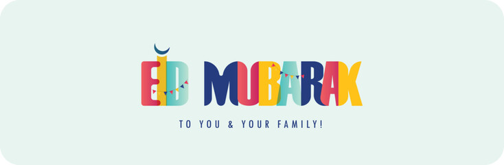 Eid Mubarak. Eid Mubarak greeting banner and cover for website. Eid Mubarak wish to you and your family. Colorful Eid Banner or Cover for social media with moon. Muslim festival cover.