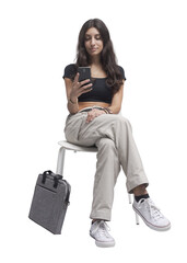 PNG file no background Woman sitting and using her phone