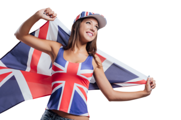Cheerful English girl with a flag