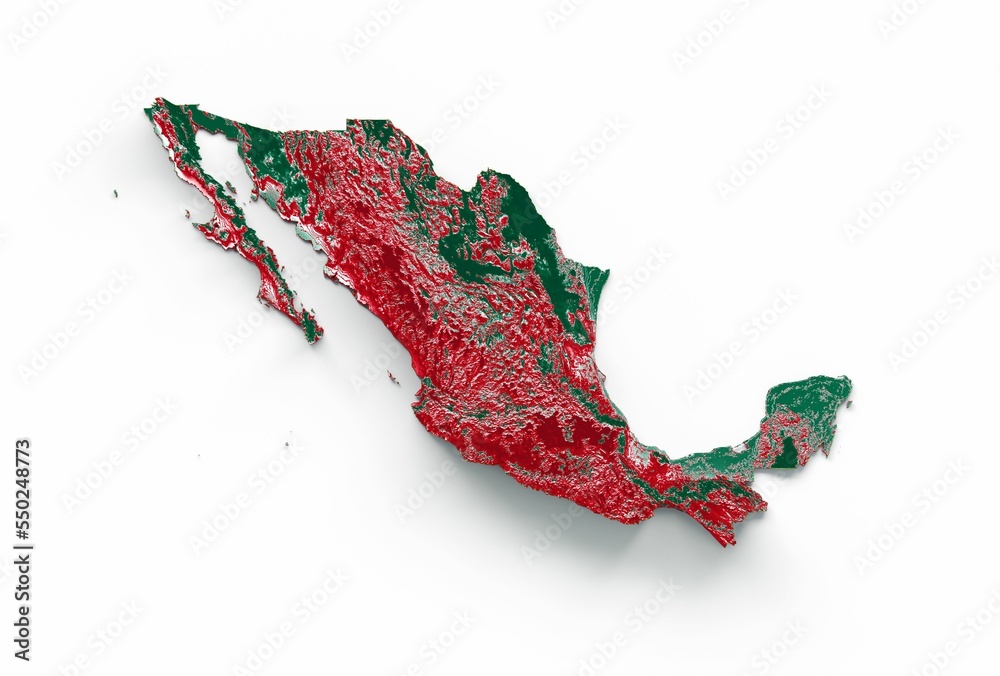 Wall mural 3d rendering of mexico map flag shaded relief isolated in white background