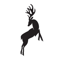 Vector cartoon stag big antlers illustration. Male deer black silhouette.