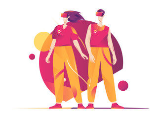 A vector illustration depicting a man and woman in a virtual reality headsets