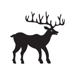 Vector cartoon stag big antlers illustration. Male deer black silhouette.