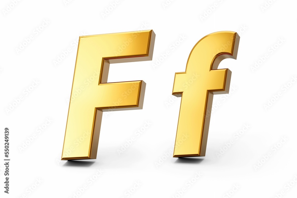 Poster 3D rendering of letter F in gold metal isolated in white background