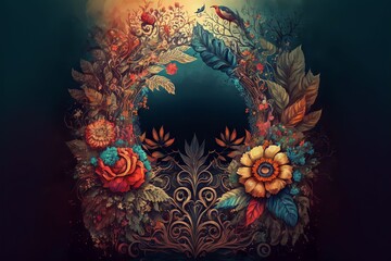 Obraz na płótnie Canvas Bohemian background with flowers and feathers