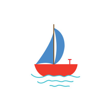 Sailboat. Cute boat with sails on a white isolated background. water waves. Vector illustration.  
