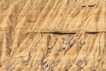 Rock textures on eroded mountains in the desert area of Las Bardenas Reales in Navarra, Spain