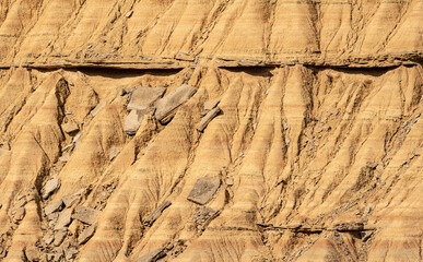Rock textures on eroded mountains in the desert area of Las Bardenas Reales in Navarra, Spain
