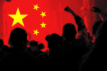 Naklejka premium Protests China. Chinese real estate and debt crisis. Zero covid and lockdown protest in China. Crowd people. Revolution demonstration. Communism. Kill protesters