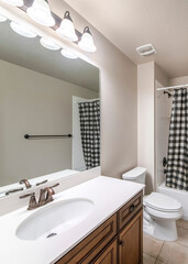 Vertical Traditional bathroom interior with checkered black and white shower curtain