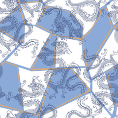 Seamless background Mosaic in Japanese style. Blue kintsugi with dragons. Seamless background for fabrics, textiles, packaging and wallpaper. Vector illustration.