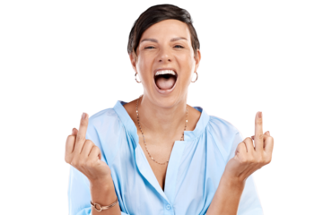Cropped portrait of an attractive young woman giving you the finger in studio against an isolated transparent png background.