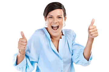 Cropped portrait of an attractive young woman giving you two thumbs in studio against an isolated transparent png background.