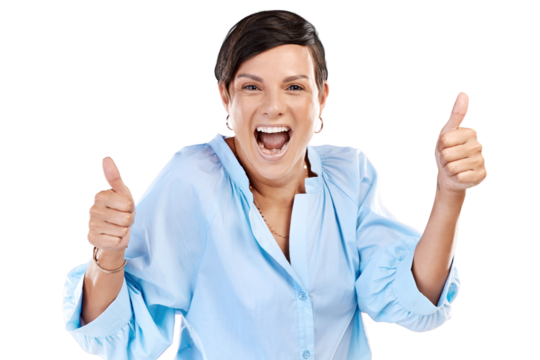 Cropped portrait of an attractive young woman giving you two thumbs in studio against an isolated transparent png background.