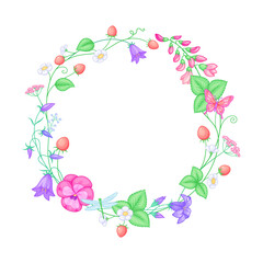 Beautiful summer flower wreath with flowers and berries. Vector illustration isolated on white background.
