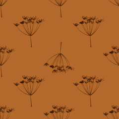 Seamless pattern of dried pressed flowers on orange background. Minimalistic art for printing on fabric or wrapping paper.