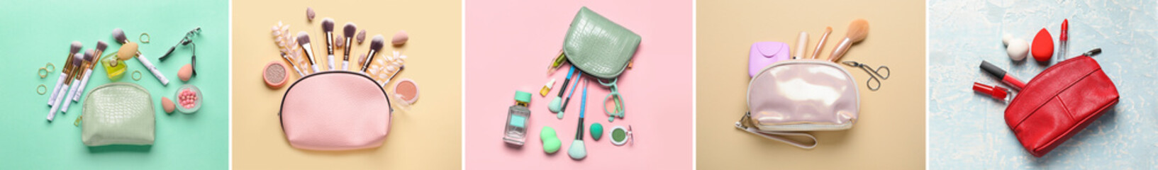 Collection of bags with makeup cosmetics on color background