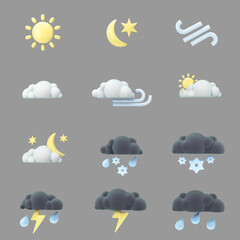 set of three-dimensional weather icons for an application or website 3d render on grey - 550252164
