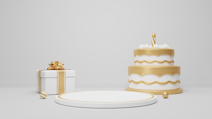 Product display podium with birthday cake and gift box. 3D rendering. 3d illustration.