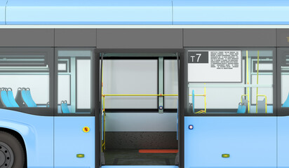 Empty blue city bus with open dors 3d render image
