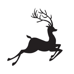 Vector cartoon stag big antlers illustration. Male deer black silhouette.