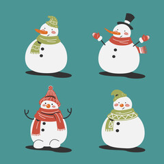 Set of cute snowman cartoon character isolated on blue background flat vector illustration cute cartoon element for Christmas decoration. Holiday concept. Merry Christmas and Happy new year.