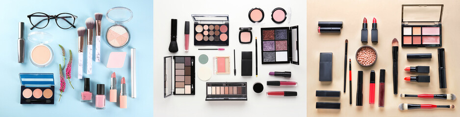 Collection of trendy makeup cosmetics products on color background, top view