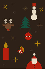 set of christmas icons decorations new year tree toys and snow man geometric
