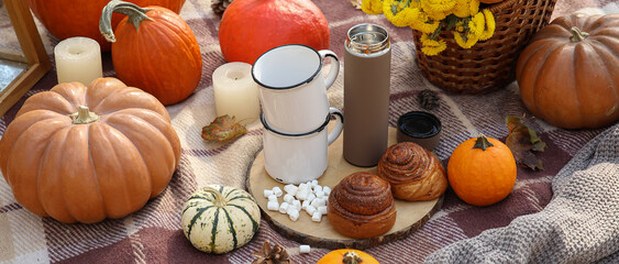 Tasty food and hot drink for romantic picnic on autumn day