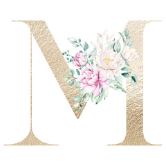 Floral alphabet, gold letter M with watercolor flowers and leaf. Monogram initials perfectly for wedding invitations, greeting card, logo, poster and other design. Hand painting.
