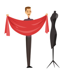 Dressmaker. Male tailoring, measuring and sewing for his customers. Clothing designer work, dressmaking process illustration. Custom clothing and accessories