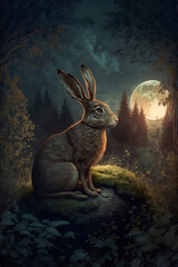 Rabbit in forest wildness night scene