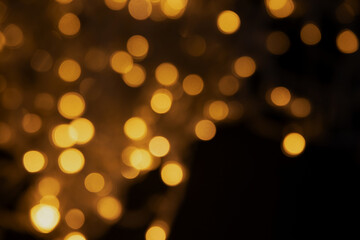 Abstract background of blurred yellow lights for design. Lights bokeh dis focus. Christmas background, copy space