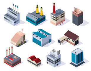 Collection of isometric factories. Concept of industrial working plants with chimney tower or pipes. Industrial buldings. 3d isolated icons set. Architecture of manufactures house