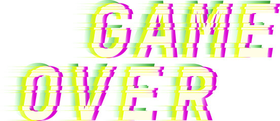 Game over Glitch style digital font quotes. Typography future creative design. Trendy lettering modern concept. Green and pink distorted channels. Vector illustration