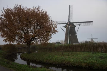 Foto auf Leinwand Windmills of Kinderdijk in autumn and fog © Wim